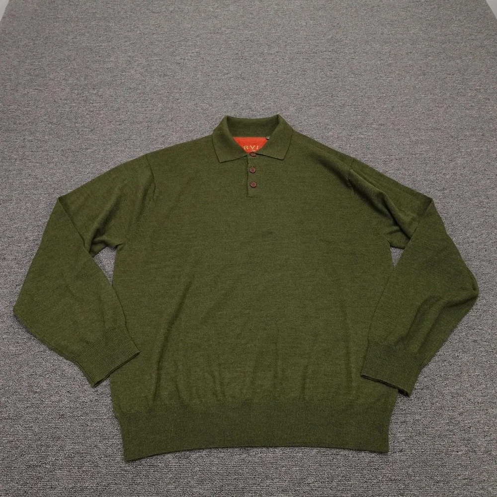 Orvis Sweater Mens XL Green Wool Knit Polo Collar Long Sleeve Pullover Casual